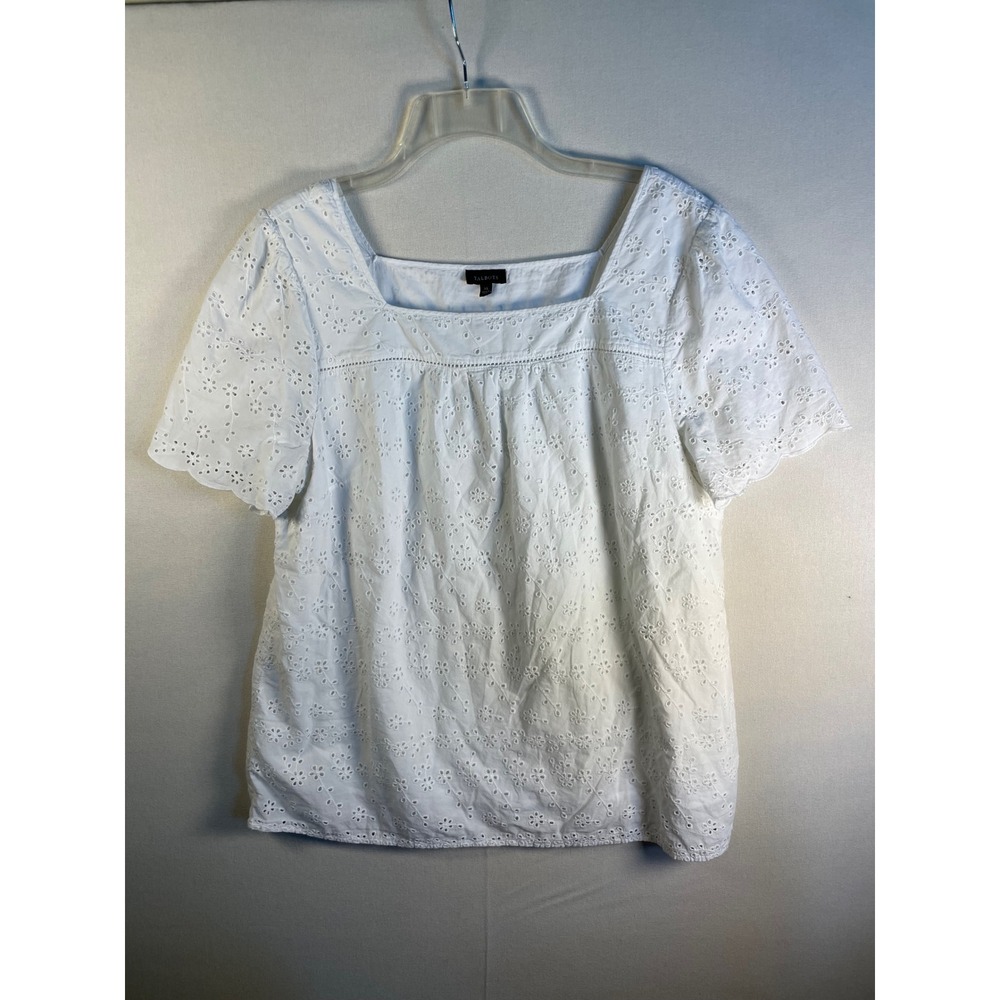 Talbots White Floral Eyelet Square Neck Short Sleeve Blouse XL Cotton Boho Top - Picture 2 of 7